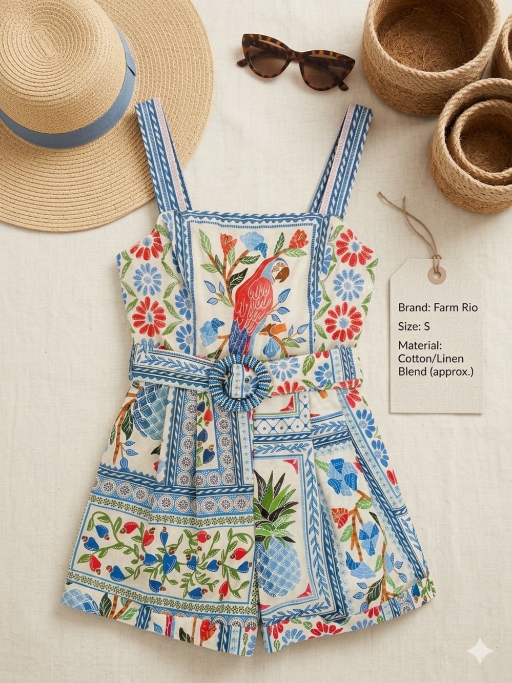 FARM Rio Cream Romper with Blue & Red Tropical Print (Perfect Placement)